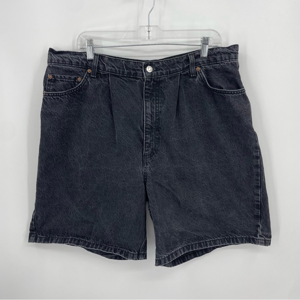 ASOS High‎ Waist Dad Black Denim Shorts Sz 14 Mom Pleated 8” inseam